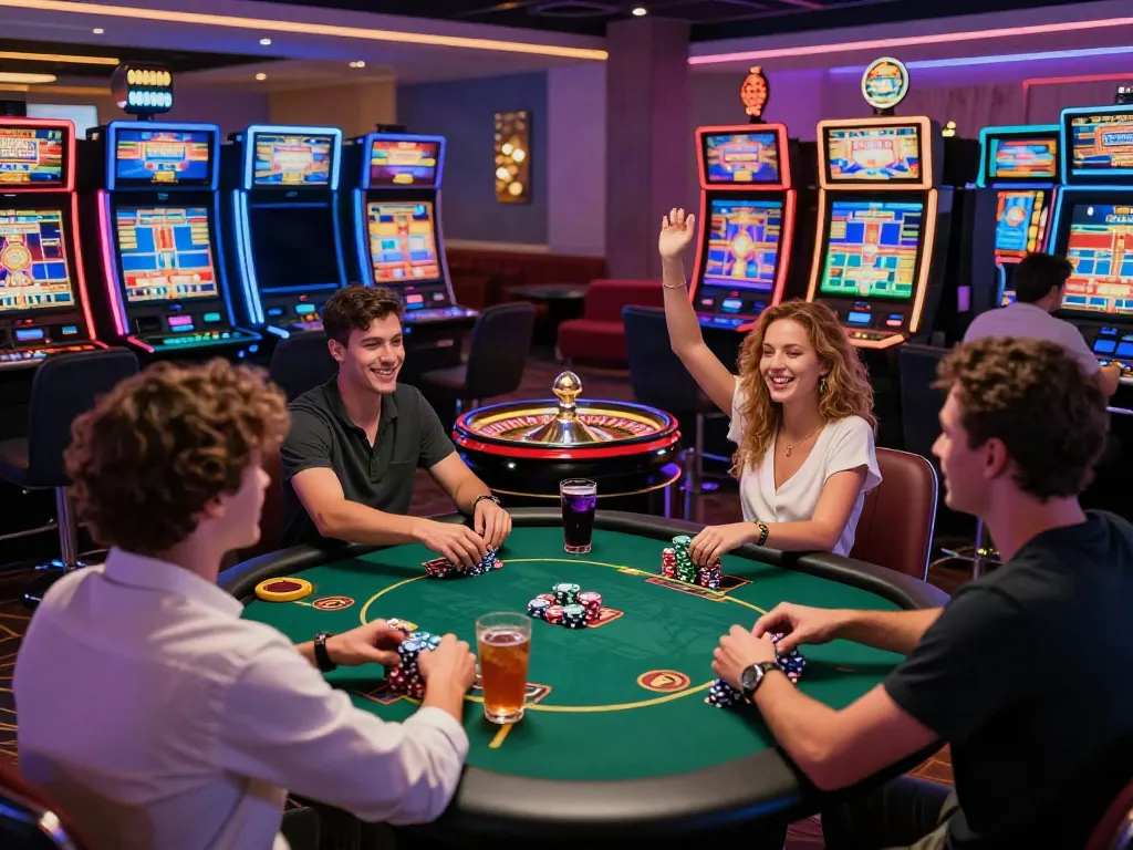 Exciting scene at a non gamstop casino featuring diverse players celebrating at gaming tables.