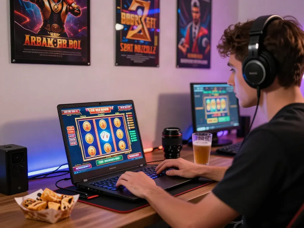 Player enjoying a non Gamstop casino experience with vibrant online graphics at home.