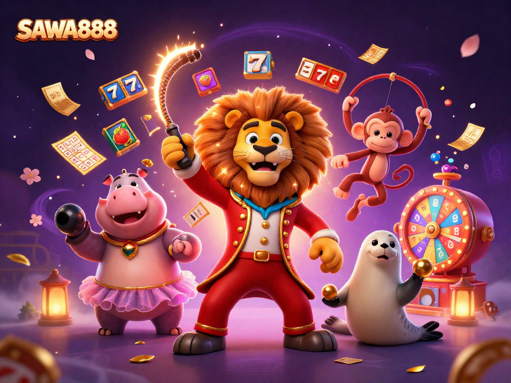 Spin the reels and win big with SAWA888's engaging casino experience featuring vibrant characters.