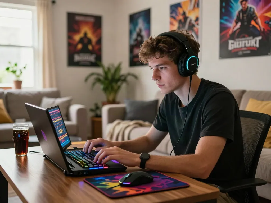 Gamer immersed in a non Gamstop casino game at home, with vibrant RGB setup.