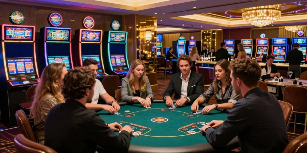 A lively non GamStop casino interior showcasing friends at a poker table, vibrant atmosphere, and modern decor.