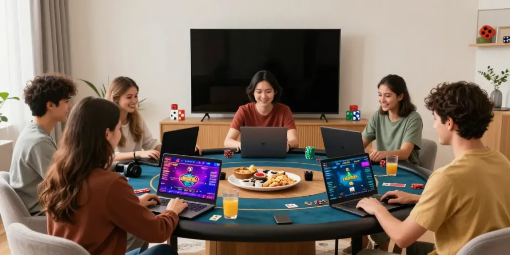 Cheerful friends enjoying a non gamstop casino gaming night at home with vibrant decor and engaging atmosphere.