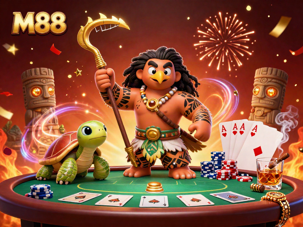 M88 offers thrilling poker action with a Polynesian demigod and turtle characters in an exciting casino scene.