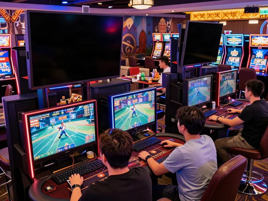 Non Gamstop casino gaming lounge with players engaged in digital tournaments and vibrant lights.