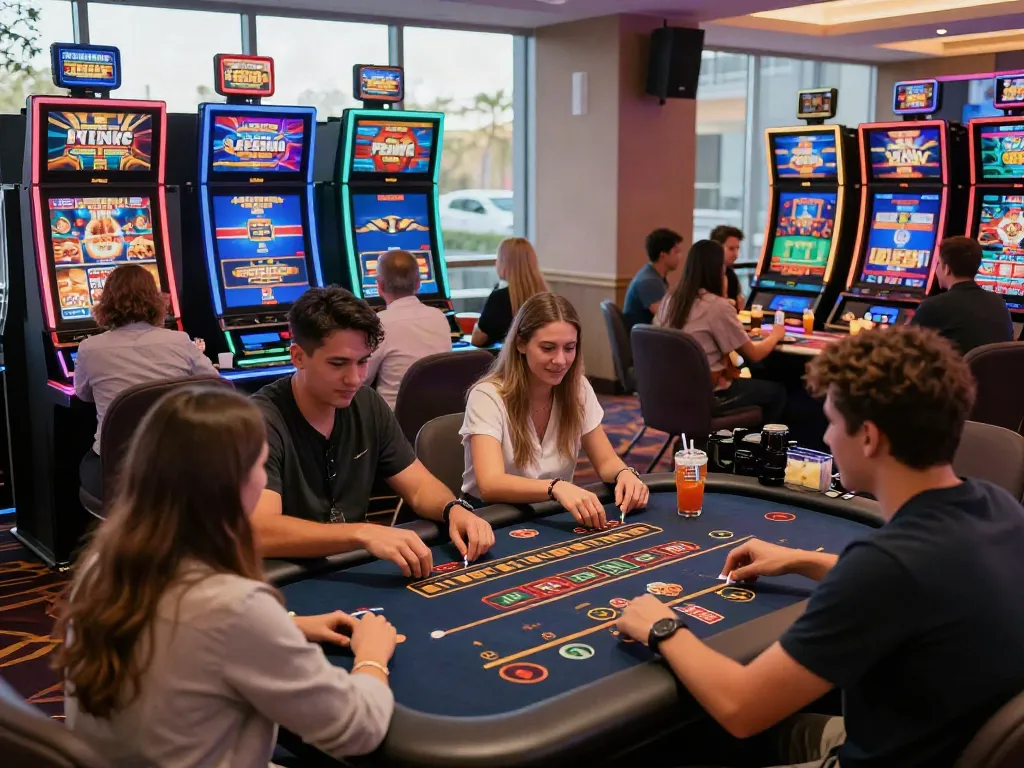 Diverse friends enjoying games at a non gamstop casino with vibrant decor.