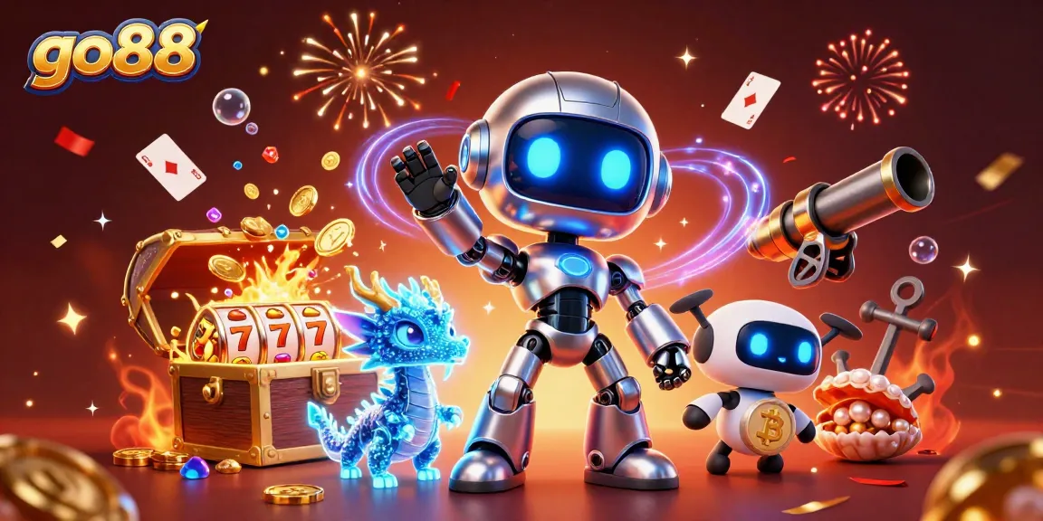 Experience the excitement of go88 with vibrant scenes of casino action including treasure chests and neon characters.