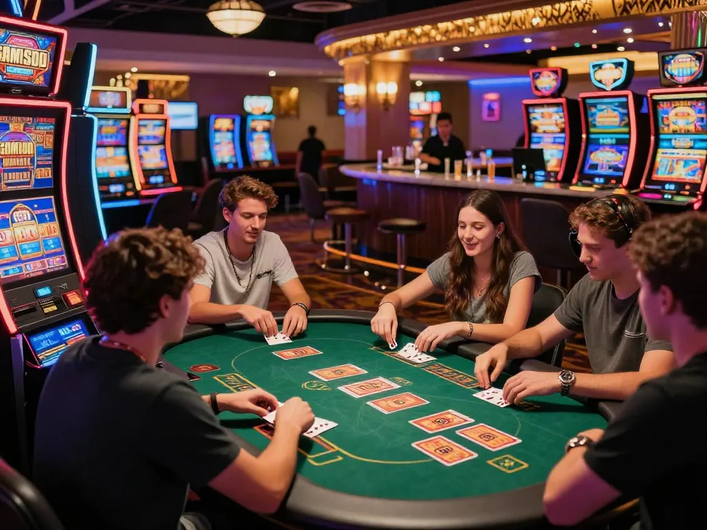 Friends enjoying games at a lively non GamStop casino with vibrant lights.