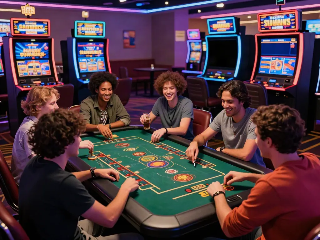 Diverse friends enjoying games at a non GamStop casino, creating an energetic atmosphere.