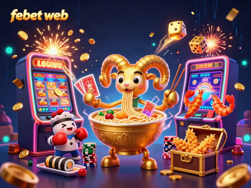 Engage with febet web’s dynamic 3D illustration showcasing vibrant casino elements, bringing excitement to online gaming.
