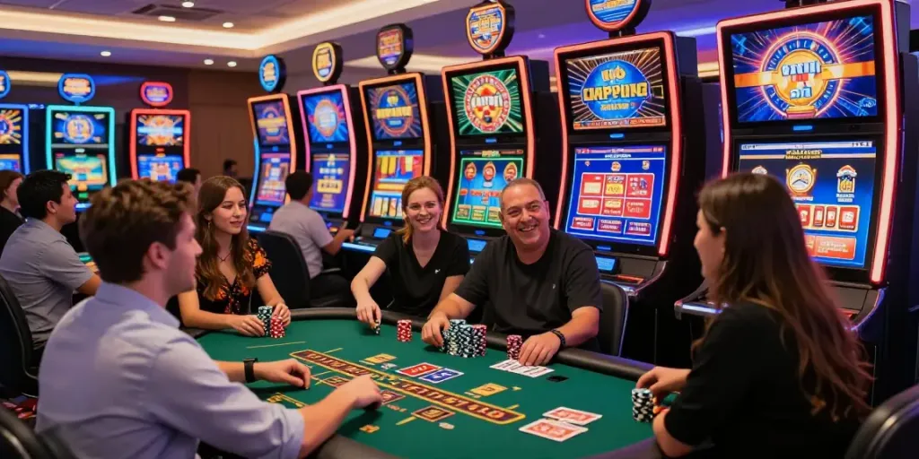 Engaged players at a non GamStop casino, highlighting vibrant gaming atmosphere with colorful displays.