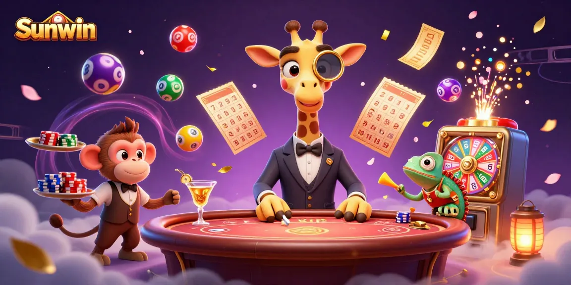 Experience excitement with Sunwin's vibrant gaming scene featuring a giraffe at a poker table.