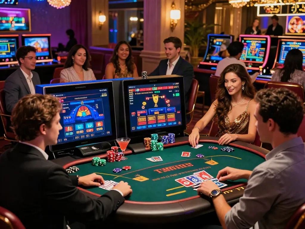 Exciting scene at a non GamStop casino with diverse players enjoying interactive games and vibrant atmosphere.