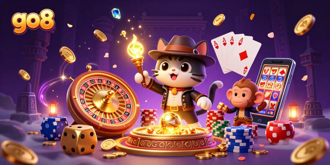Experience excitement at go8's dynamic casino scene with a carton cat and monkey explorer discovering golden treasures.