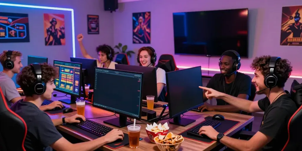 Diverse friends enjoying a thrilling non gamstop casino gaming session at home with colorful LED lights.