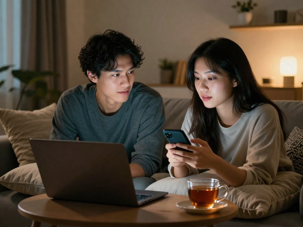 Engaging sexchat scene showing individuals connecting online in a cozy setting.