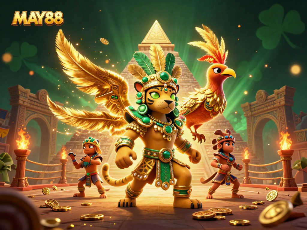 MAY88 casino adventure featuring a Mayan jaguar priest and a quetzal bird surrounded by vibrant gold and gaming tokens.