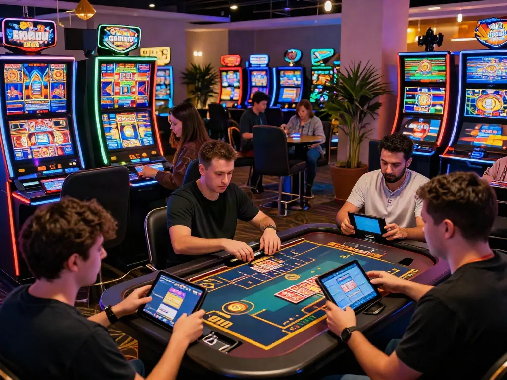 Players actively engaging in non GamStop casino games, showcasing vibrant atmosphere and technology.