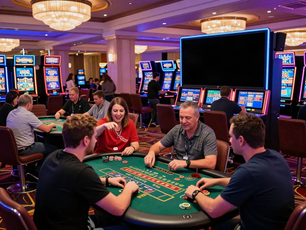 Energetic scene at a non GamStop casino, showcasing players engaged in various games amid lively neon decor.