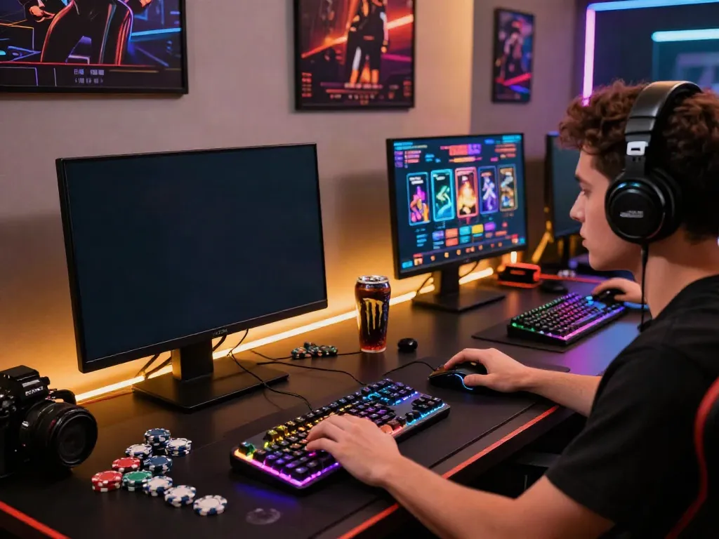 Player engaging in a thrilling non gamstop casino experience at a stylish gaming desk.