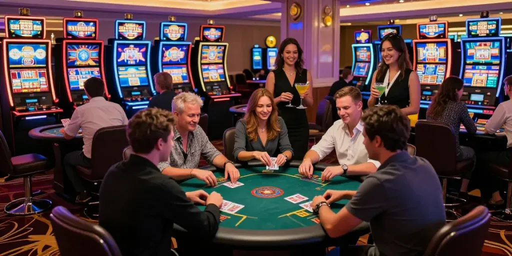 Exciting non gamstop casino scene with players at tables enjoying games.