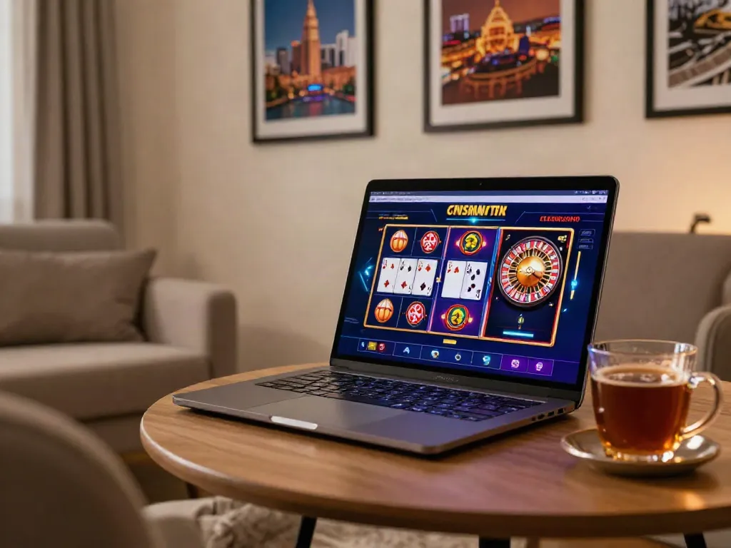 Engaging scene of non Gamstop casino gaming setup with vibrant slot graphics, roulette, and cozy home setting.