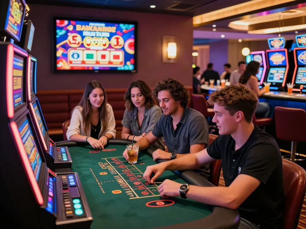 Exciting atmosphere of a non Gamstop casino with diverse players enjoying games.