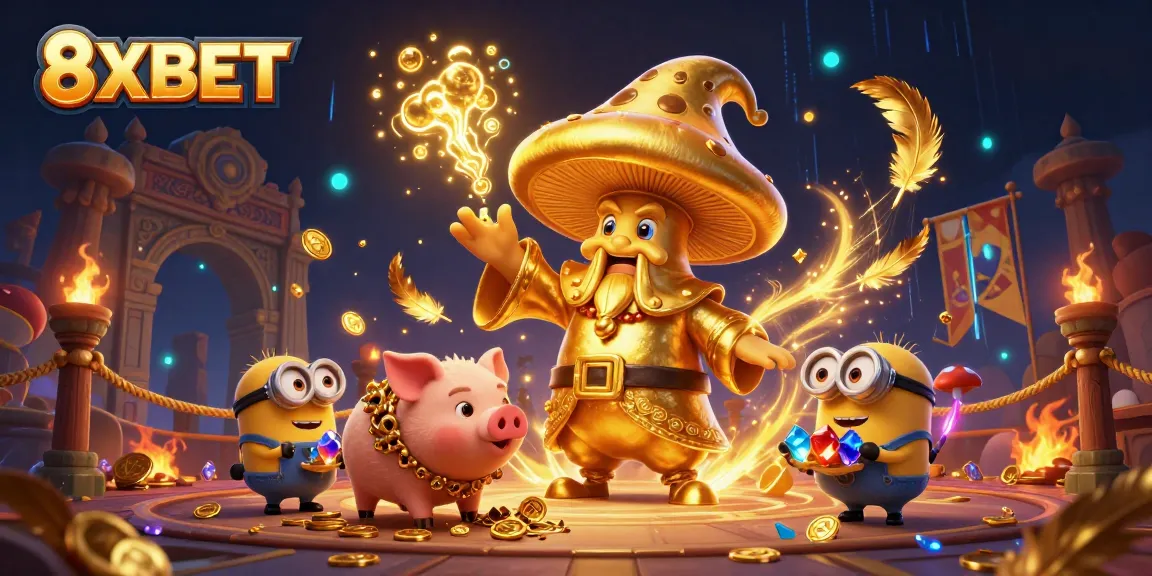 Experience thrilling gaming action with 8XBET's magical gold-spawning characters in a fantasy casino.