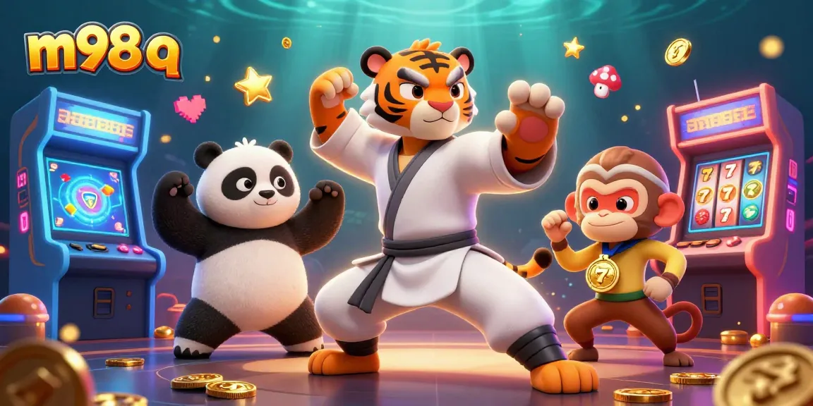 Engage with m98 q through this vibrant, interactive casino-themed illustration featuring playful characters.