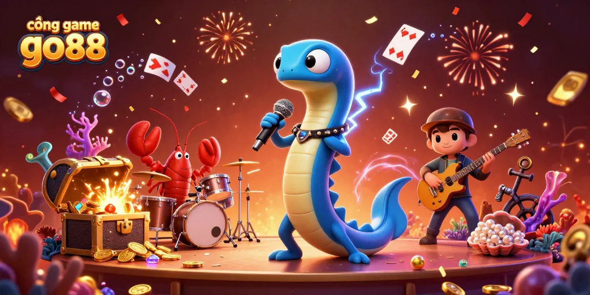Cổng game go88 features an electric eel DJ, lobster drummer, and seahorse guitarist in an underwater casino performance bursting with treasures.