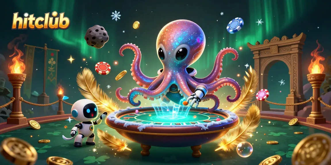 Hitclub features an alien octopus running a holographic poker table with vibrant casino elements.