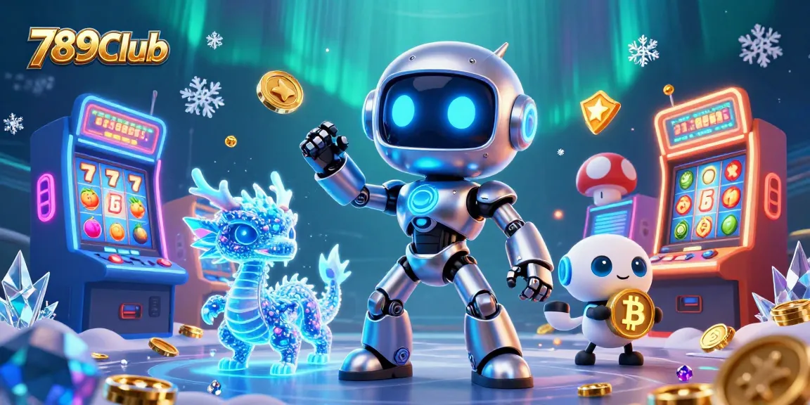 Win big at 789Club with our vibrant slot machine scene featuring a cyberpunk robot and stunning game visuals.